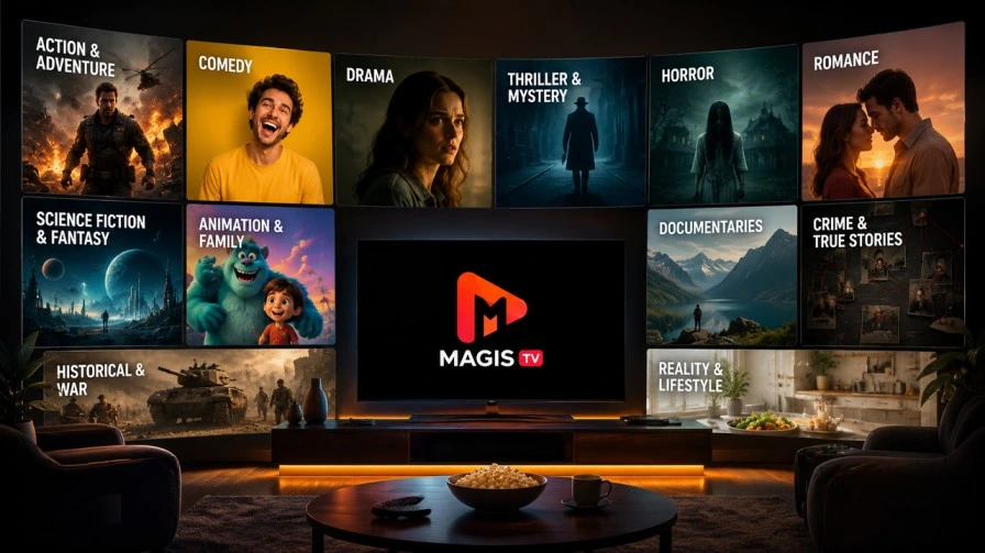 Ilustración de los géneros de contenido disponibles en la aplicación Magis TV