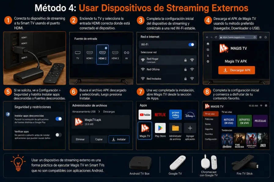 Usa dispositivos de transmisión externa para Magis TV en Smart TV