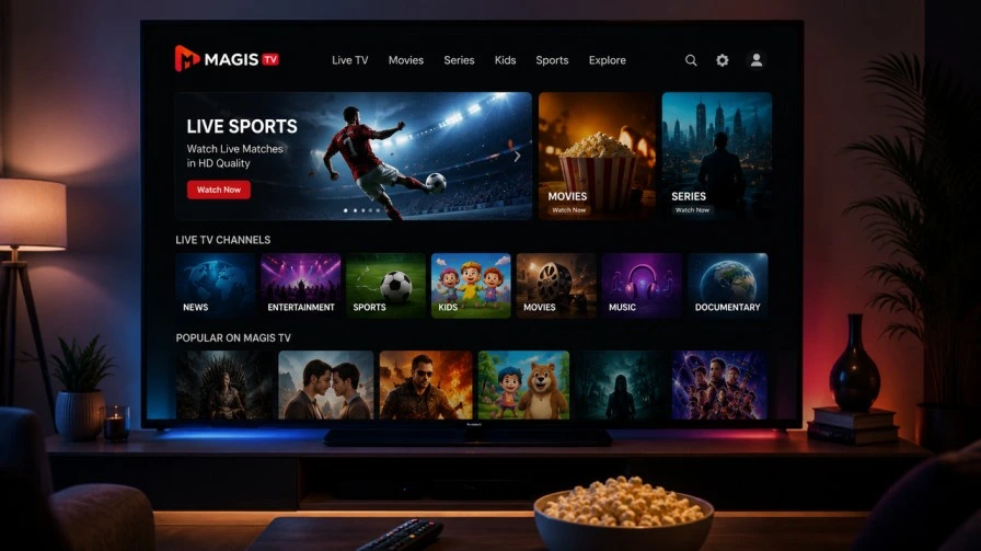 Captura de pantalla de la interfaz de la aplicación Magis TV mostrando categorías de contenido