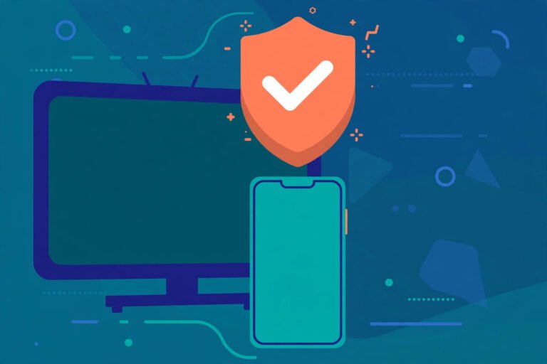 Ilustración de un teléfono protegido con un escudo de seguridad frente a un televisor